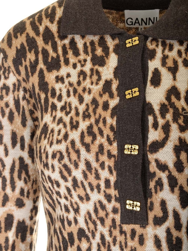 Leopard Pattern Wool Polo Sweater - Image 4