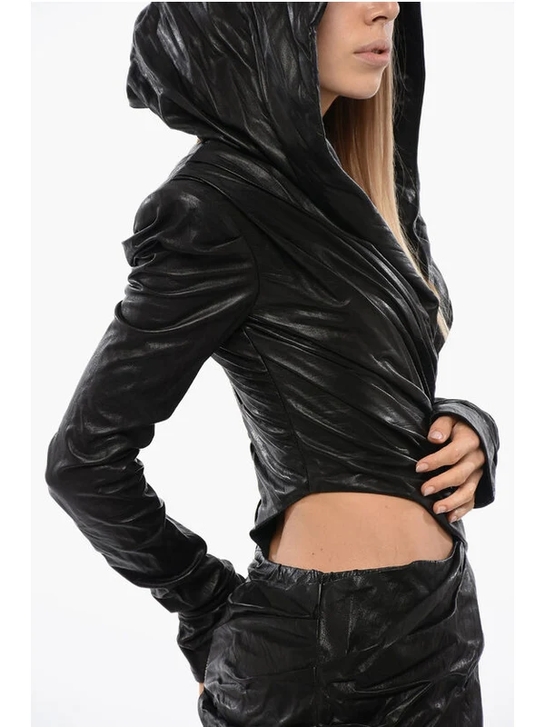 Cut-out Drape Leather Hooded Dress - Image 4