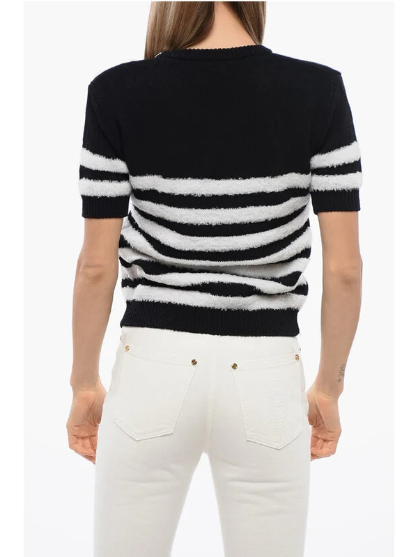 Shoulder Button Stripe Wool Short-sleeve Knit - Image 2