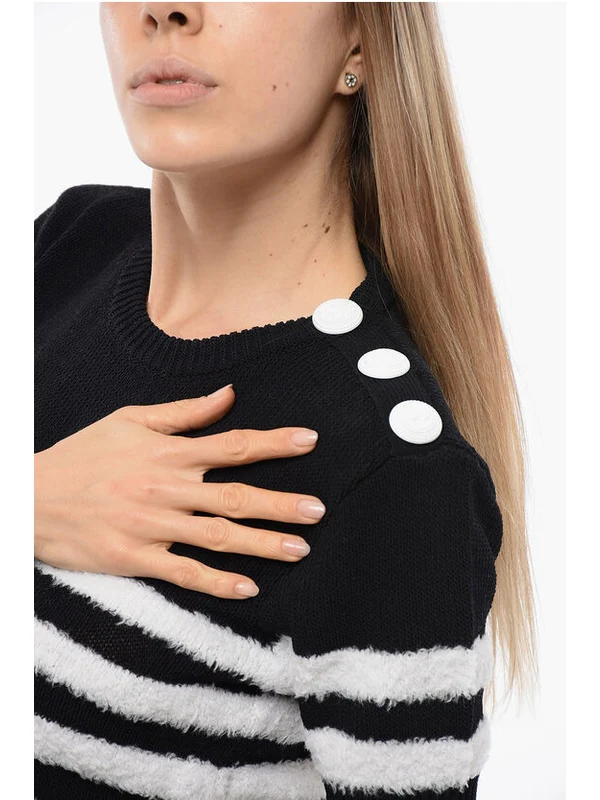 Shoulder Button Stripe Wool Short-sleeve Knit - Image 3