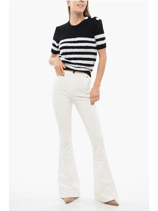 Shoulder Button Stripe Wool Short-sleeve Knit - Image 4