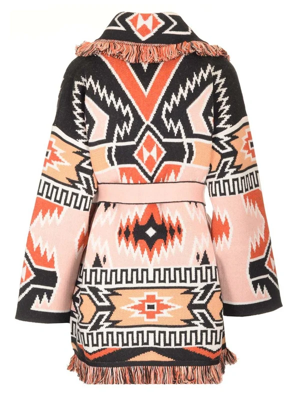 Geometric Roots Jacquard Shawl Collar Wool Cardigan - Image 2