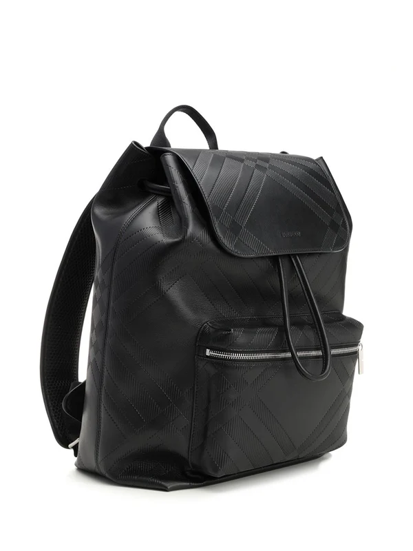 Embossed Check Pattern Leather Backpack - Image 2