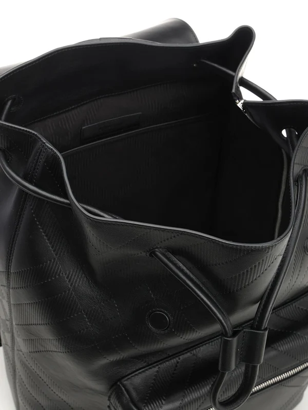 Embossed Check Pattern Leather Backpack - Image 4