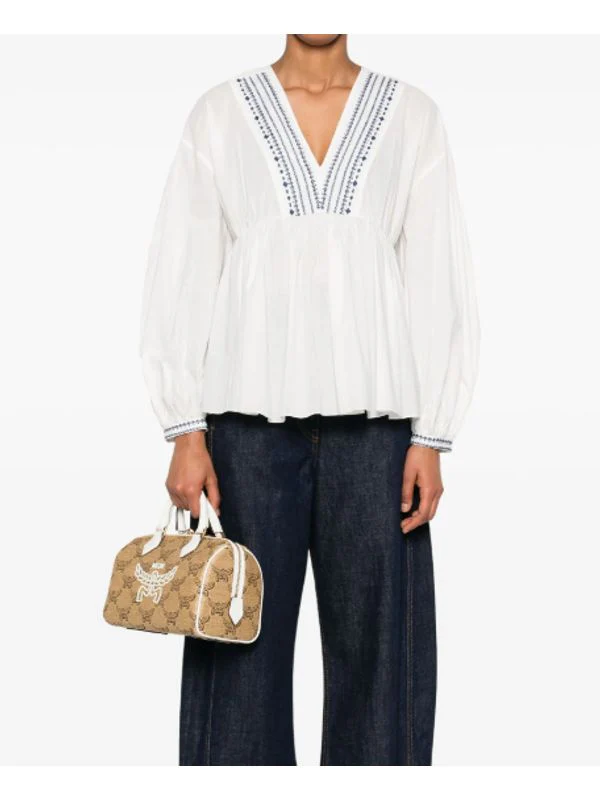 V-neck Front Tie Cotton Blouse - Image 2