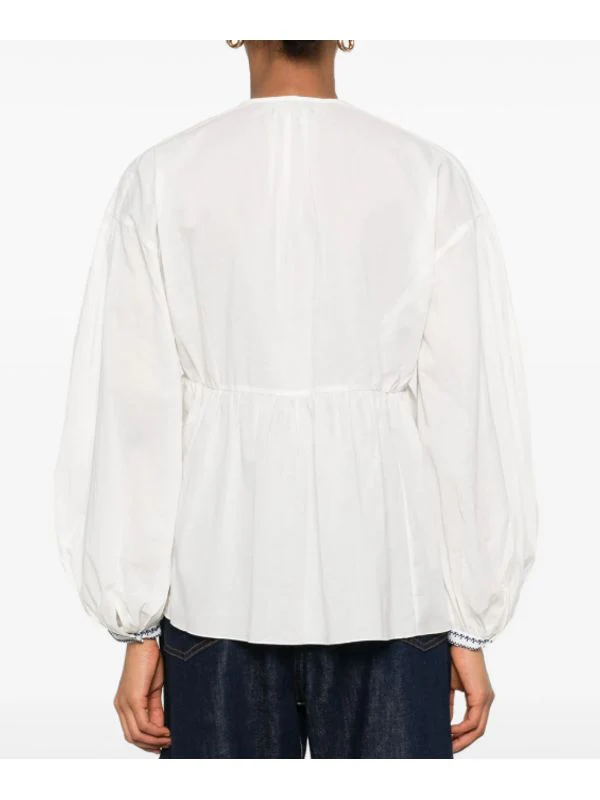 V-neck Front Tie Cotton Blouse - Image 3
