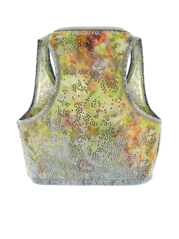 Flower Printing Denim Cropped Tank Top - Image 2