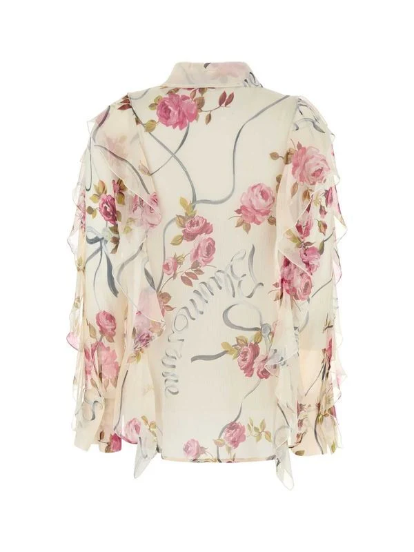 Flower Pattern Ruffle Detail Silk Shirt - Image 2
