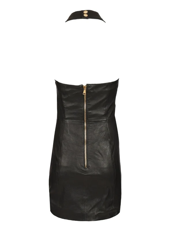 Cross-neck Drape Leather Mini Dress - Image 2