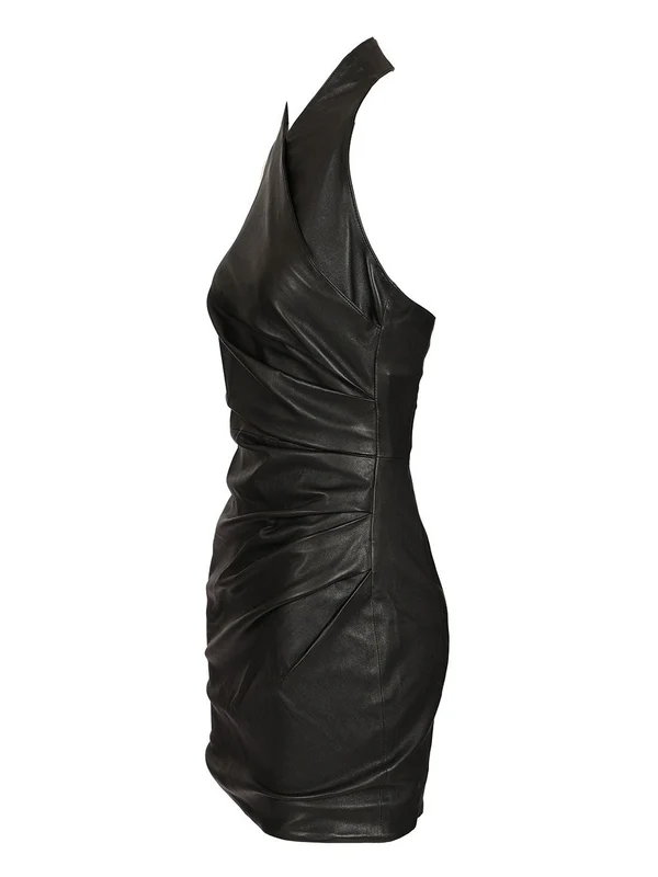 Cross-neck Drape Leather Mini Dress - Image 3