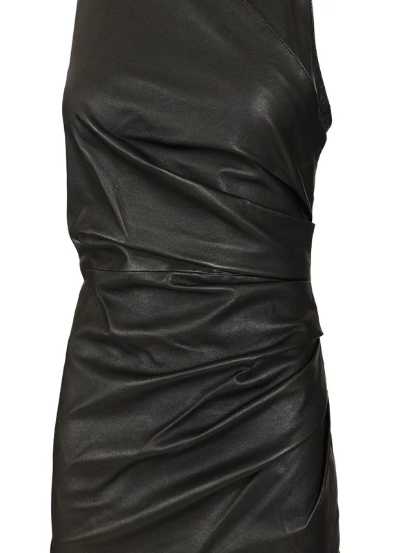 Cross-neck Drape Leather Mini Dress - Image 4