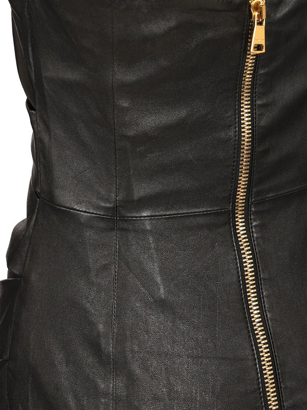 Cross-neck Drape Leather Mini Dress - Image 5