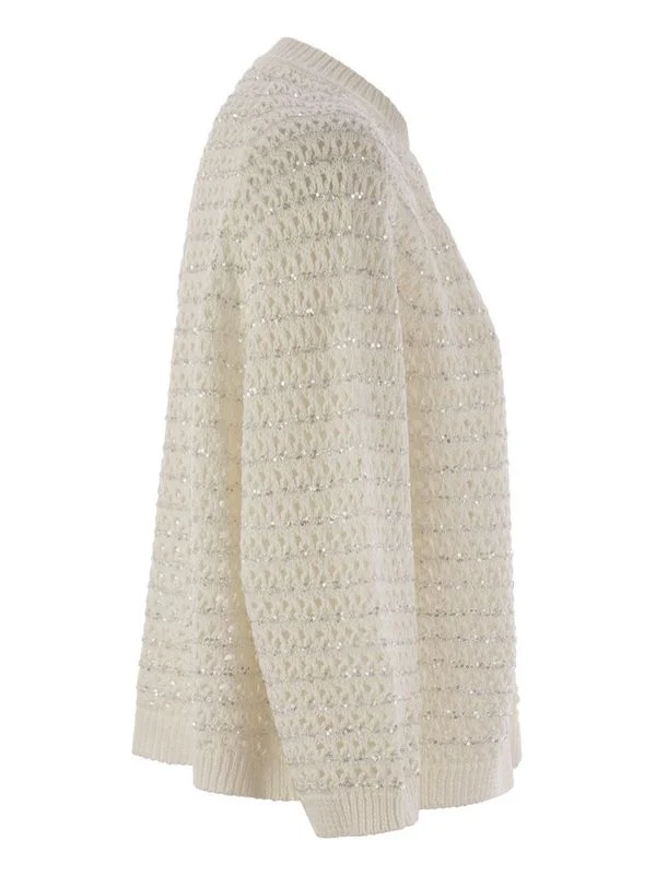 Sequin Detail Round Neck Crochet Cotton Cardigan - Image 3