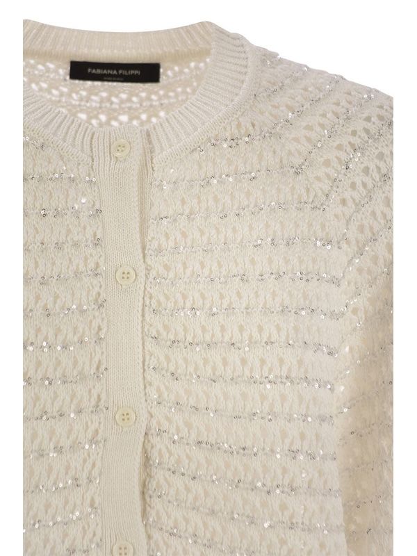 Sequin Detail Round Neck Crochet Cotton Cardigan - Image 4