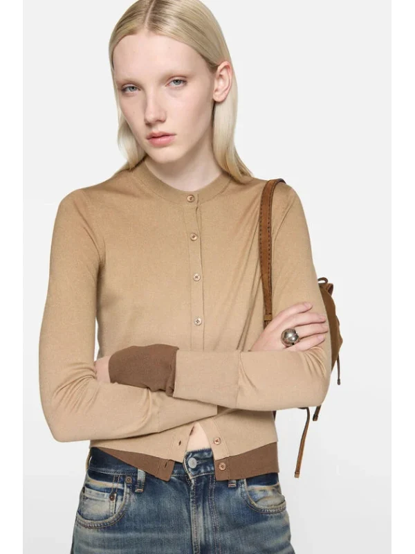 Acne Studios Layered Silk Beige Cardigan - Image 3