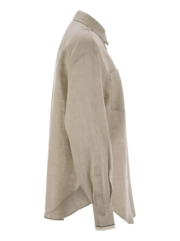 Double Pocket Beige Linen Shirt - Image 3