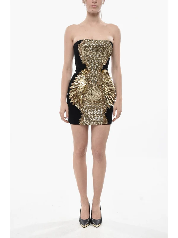 Balmain Gold Black Mini Dress - Image 2