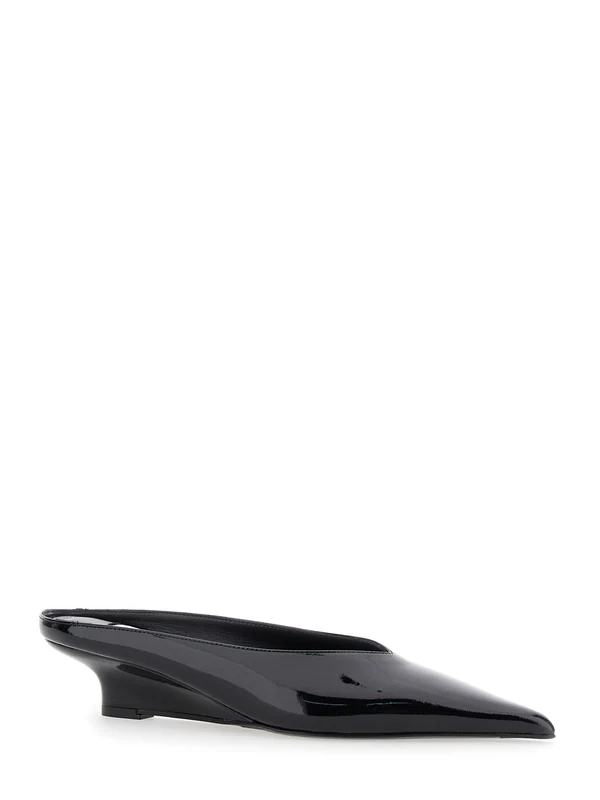'Sharp' Black Wedge Mules in Patent Leather Woman Flat Shoes - Image 2