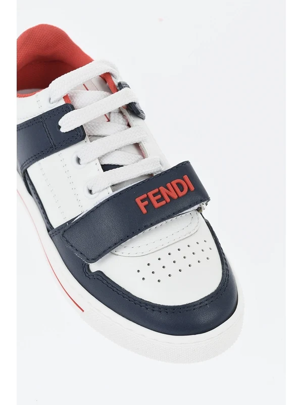 Fendi Kids White Navy Low Top Sneakers - Image 4