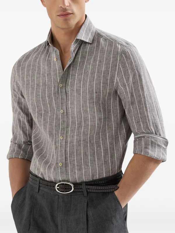 Brunello Cucinelli Brown Striped Shirts - Image 4
